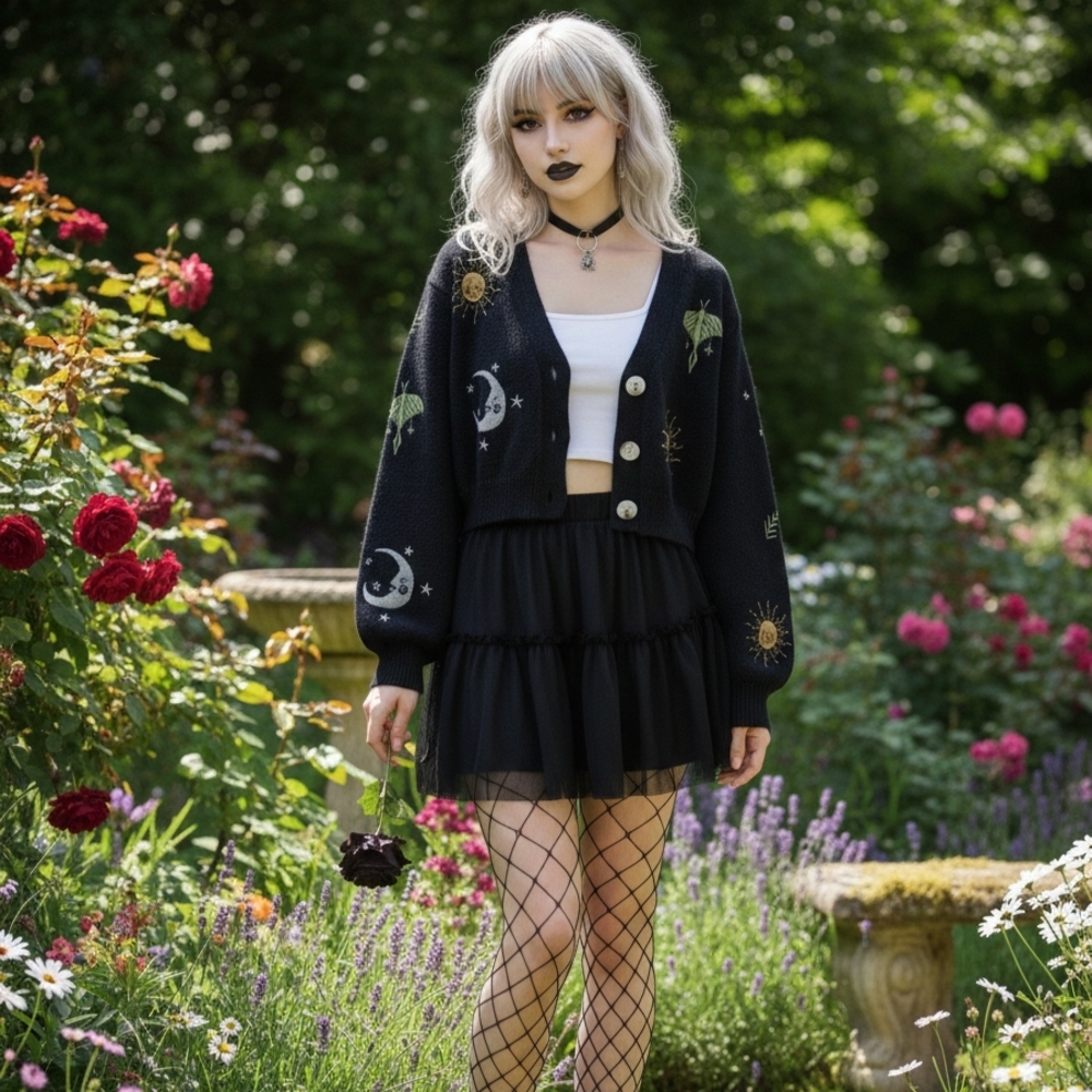 Black Skull Black Moon & Sun Embroidered Cropped Cardigan - Picture 2 of 7
